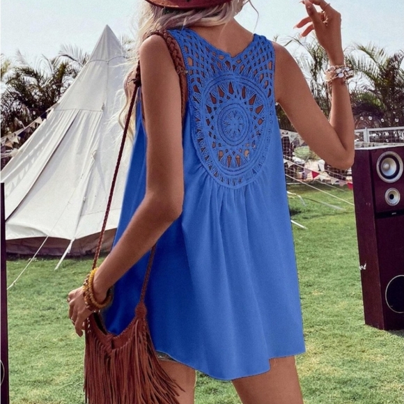 Blue Boho Crochet Sleeveless Blouse - Picture 1 of 8